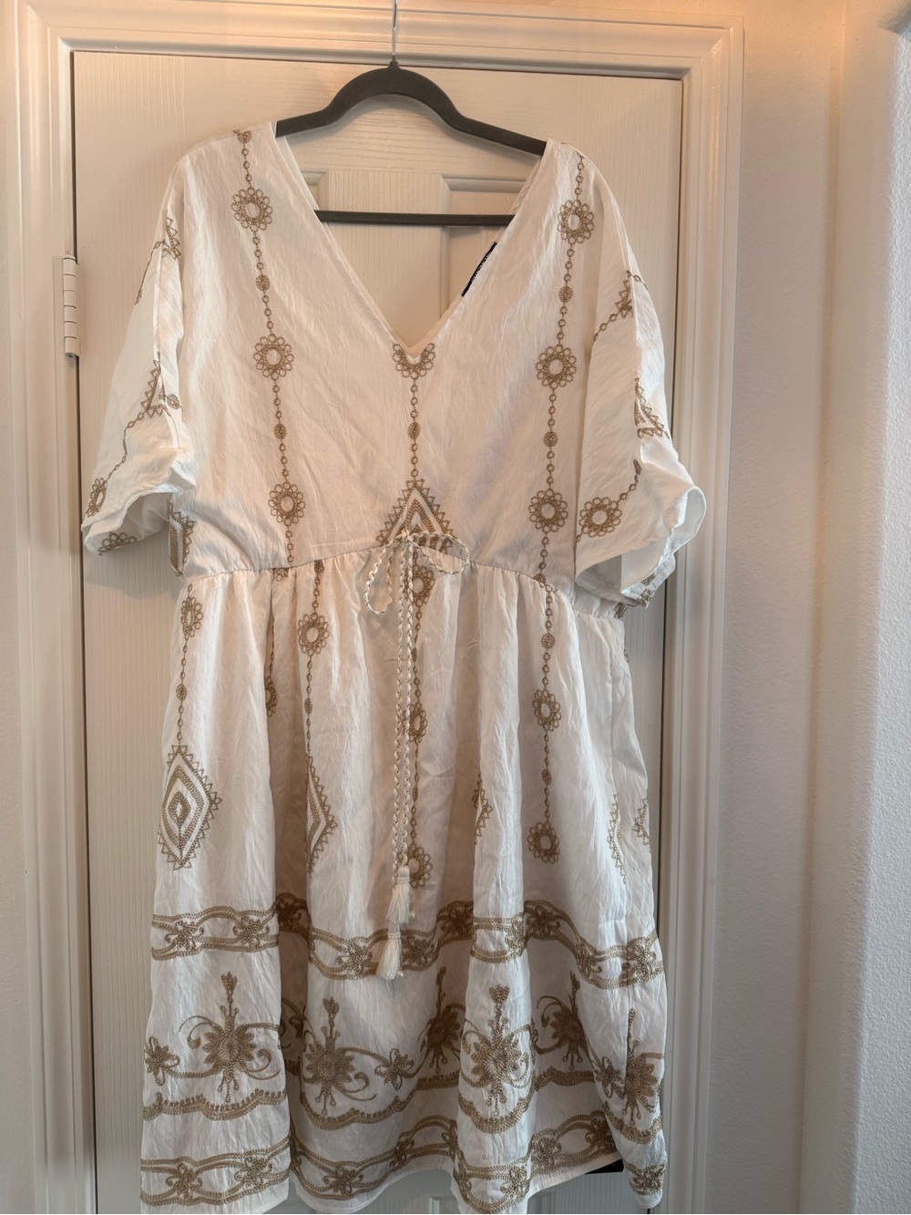BloomChic White Midi Dress with Tan Embroidered Trim